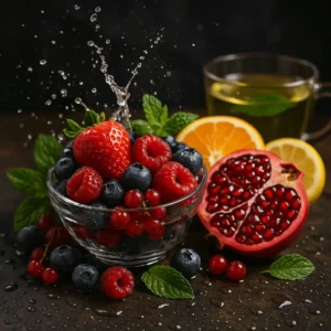 Tigela com frutas ricas em antioxidantes — morangos, mirtilos, romã e citrinos — representando o que são antioxidantes e os seus benefícios naturais.