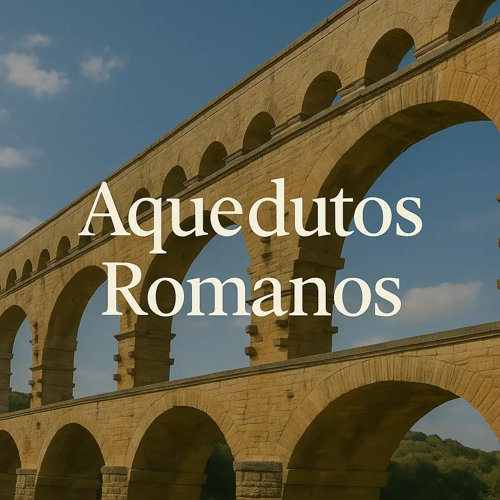 Imagem quadrada de um aqueduto romano em pedra sob céu azul, com o texto central “Aquedutos Romanos” em letras brancas, destacando-se ao centro da estrutura arqueada.