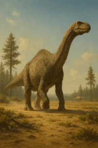 Argentinosaurus realista atravessando planície aluvial do Cretácico sob sol intenso