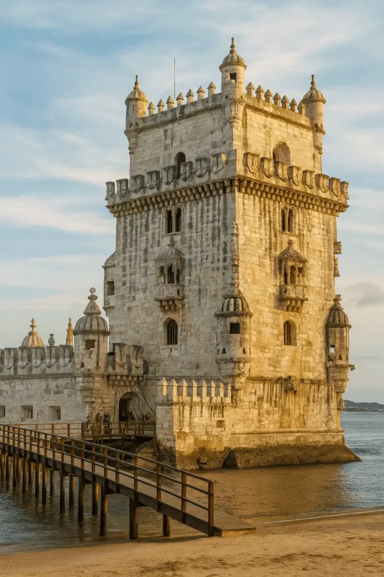 Imagem ultra-realista da Torre de Belém em Lisboa, destacando a arquitetura manuelina com detalhes esculpidos, balcões ornamentados e torres decorativas iluminadas pela luz dourada.