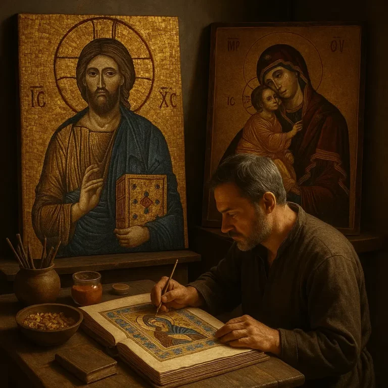 Artista bizantino pinta ícone religioso num ateliê iluminado, rodeado por mosaicos dourados e manuscritos iluminados.