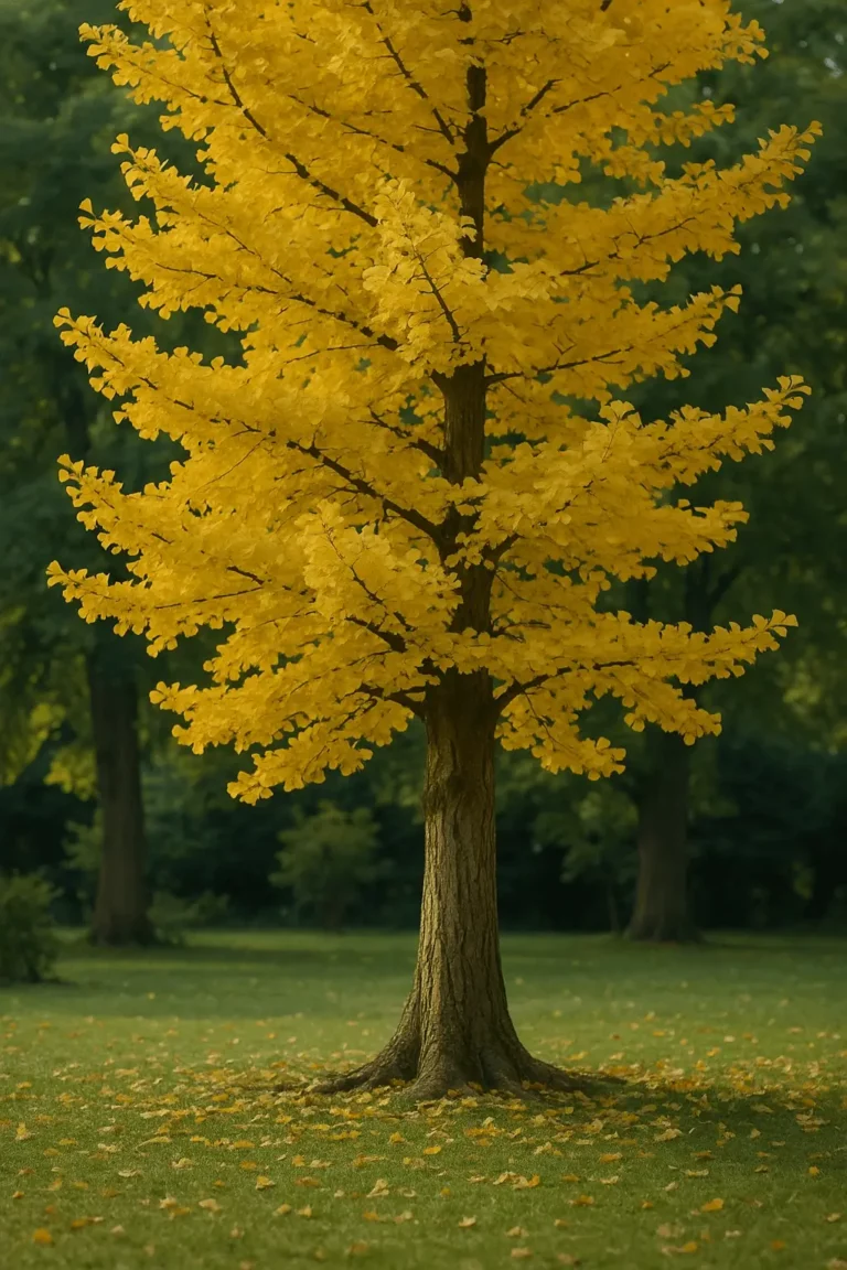 Árvore de Ginkgo Biloba dourada no outono, com folhas em forma de leque iluminadas pelo sol, simbolizando longevidade, sabedoria e resistência da natureza.