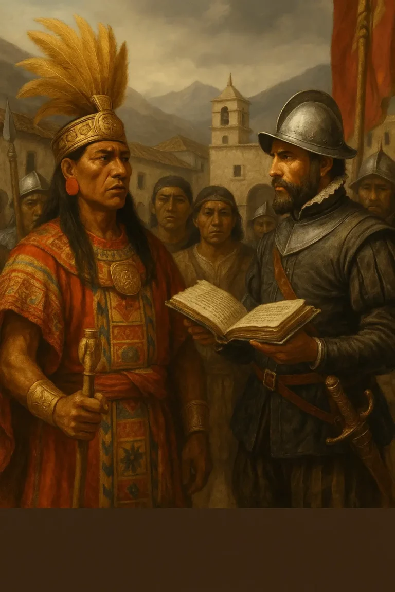 Representação ultra-realista do encontro entre Atahualpa e Francisco Pizarro na praça de Cajamarca, com tropas incas e conquistadores espanhóis ao fundo.