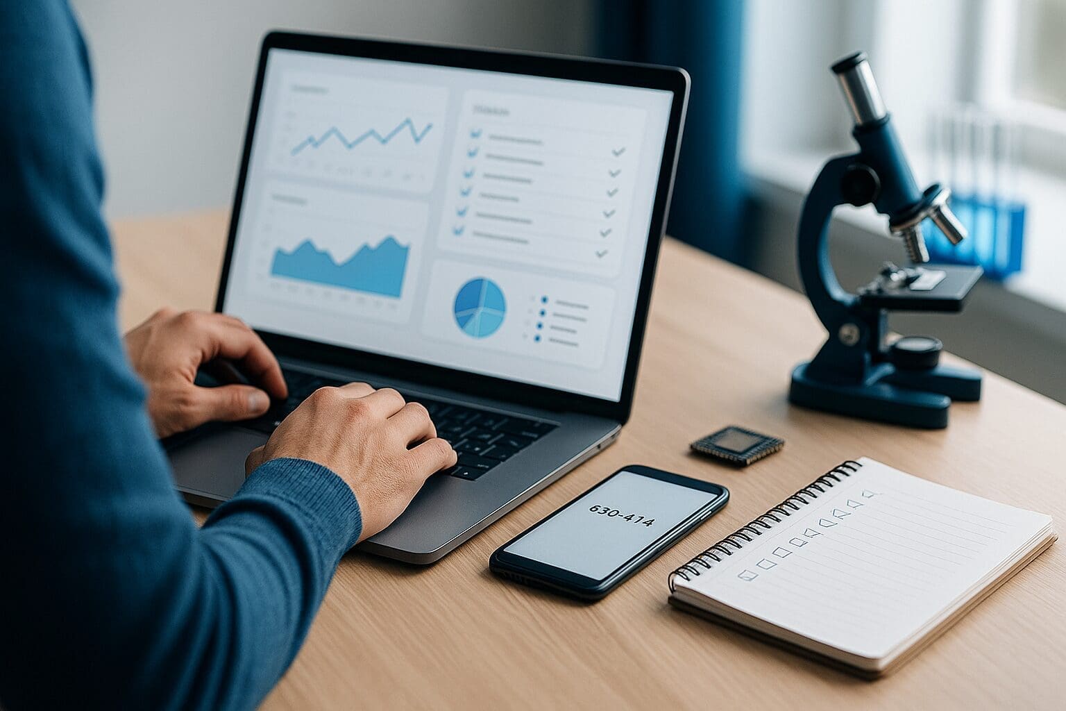 Pessoa a analisar gráficos num portátil com materiais de trabalho