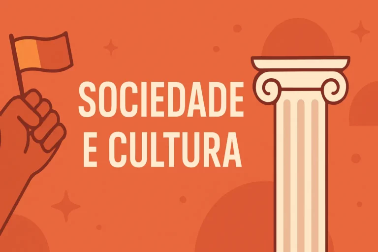 Ilustração com coluna clássica e punho erguido com bandeira, simbolizando sociedade e cultura
