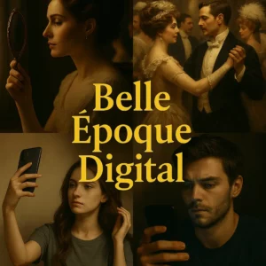 Montagem realista e cinematográfica que combina elementos da Belle Époque e da era digital. À esquerda, cenas de salões elegantes, vestidos longos e espelhos dourados. À direita, smartphones, redes sociais e luz azul de ecrãs. Ao centro, a frase “Belle Époque Digital” como elo entre as duas épocas.