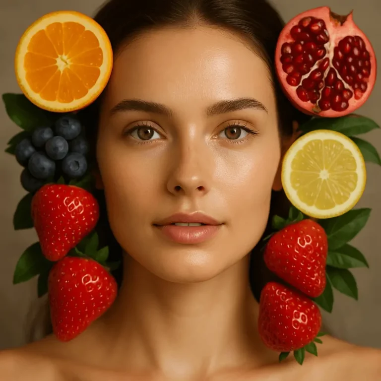 Retrato de mulher com pele saudável e luminosa, rodeada por frutas antioxidantes como laranja, romã, morangos e mirtilos — representação visual de o que são antioxidantes e os seus efeitos na pele.