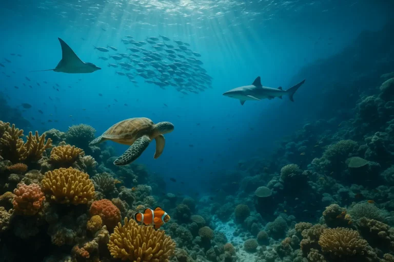 Fotografia subaquática da Grande Barreira de Coral com corais multicoloridos, tartaruga-verde, cardume, tubarão de recife e raia-manta sob feixes de luz.
