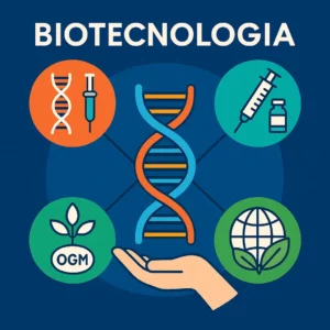 Ilustração de capa do texto sobre biotecnologia, com uma hélice de ADN segurada por uma mão, com ícones que representam engenharia genética, vacinas, OGM e biorremediação, sobre fundo azul.