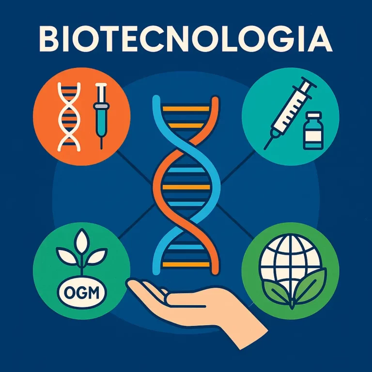 Ilustração de capa do texto sobre biotecnologia, com uma hélice de ADN segurada por uma mão, com ícones que representam engenharia genética, vacinas, OGM e biorremediação, sobre fundo azul.