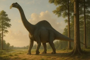 Braquiossauro realista alimentando-se das folhas de uma árvore em paisagem pré-histórica ao entardecer