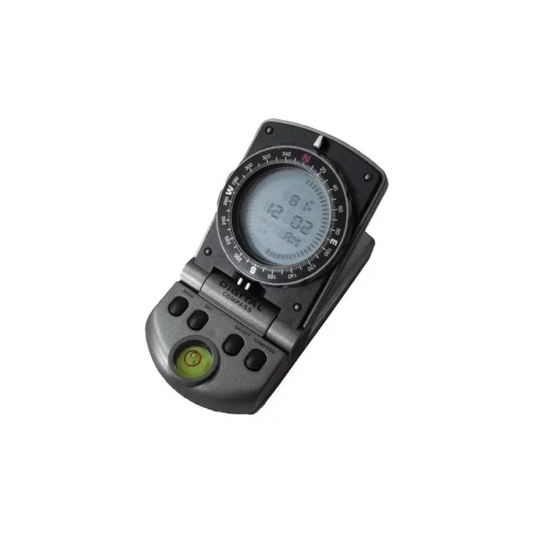 Bússola digital portátil com ecrã LCD, botões de navegação e nível de bolha, sobre fundo branco.