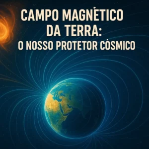 Capa visual em formato quadrado com a frase “Campo Magnético da Terra: O Nosso Protetor Cósmico” sobre a Terra envolvida por linhas do campo magnético.