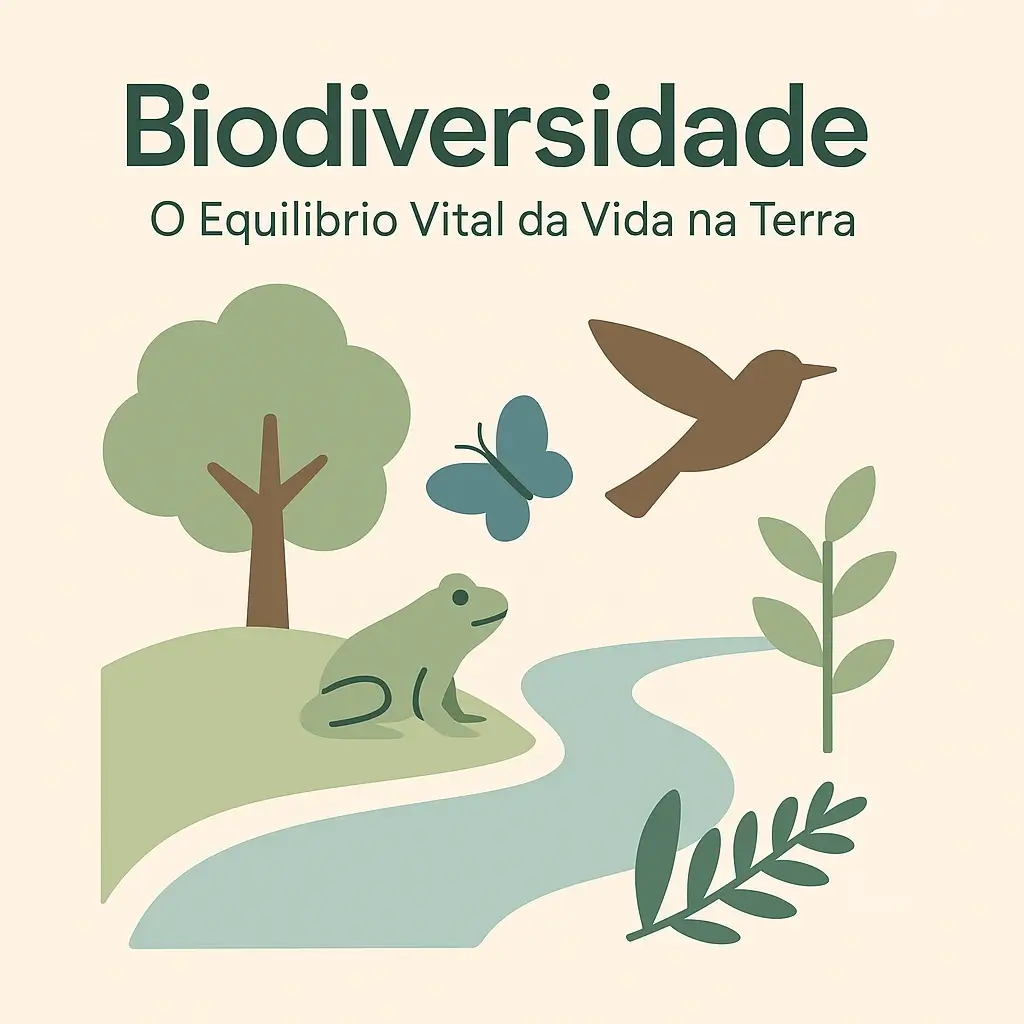 Ilustração minimalista sobre biodiversidade, com elementos da natureza como árvore, sapo, borboleta, pássaro, planta e rio.