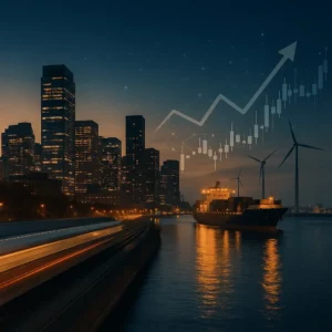 Cidade moderna ao entardecer com comboio de alta velocidade, navio porta-contentores e turbinas eólicas, simbolizando a Economia Contemporânea.
