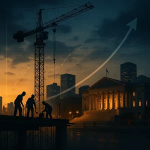 Cena urbana ao entardecer com grua e trabalhadores diante de edifício governamental iluminado, com gráfico ascendente sobreposto, simbolizando Economia Keynesiana, investimento público e crescimento.
