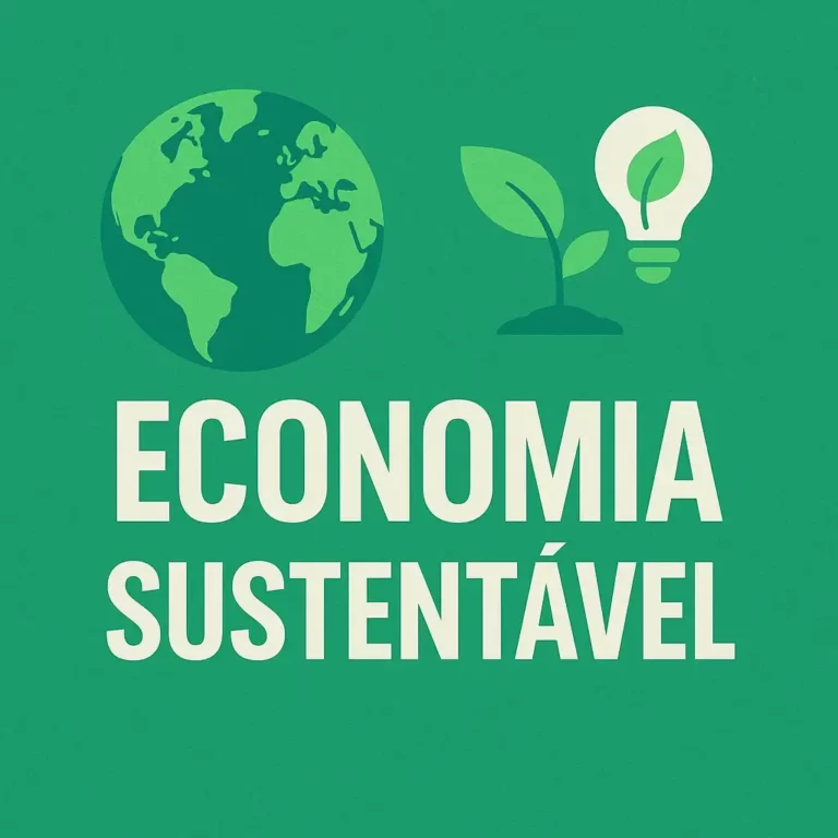 Capa verde com o título “Economia Sustentável” ao centro, acompanhada de ícones simples de um planeta Terra, uma planta e uma lâmpada com folha.