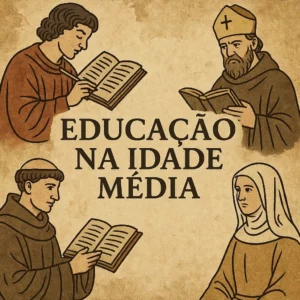 Homens e uma mulher da Idade Média a estudar com livros, rodeando o título central “Educação na Idade Média” sobre fundo em tom de pergaminho.