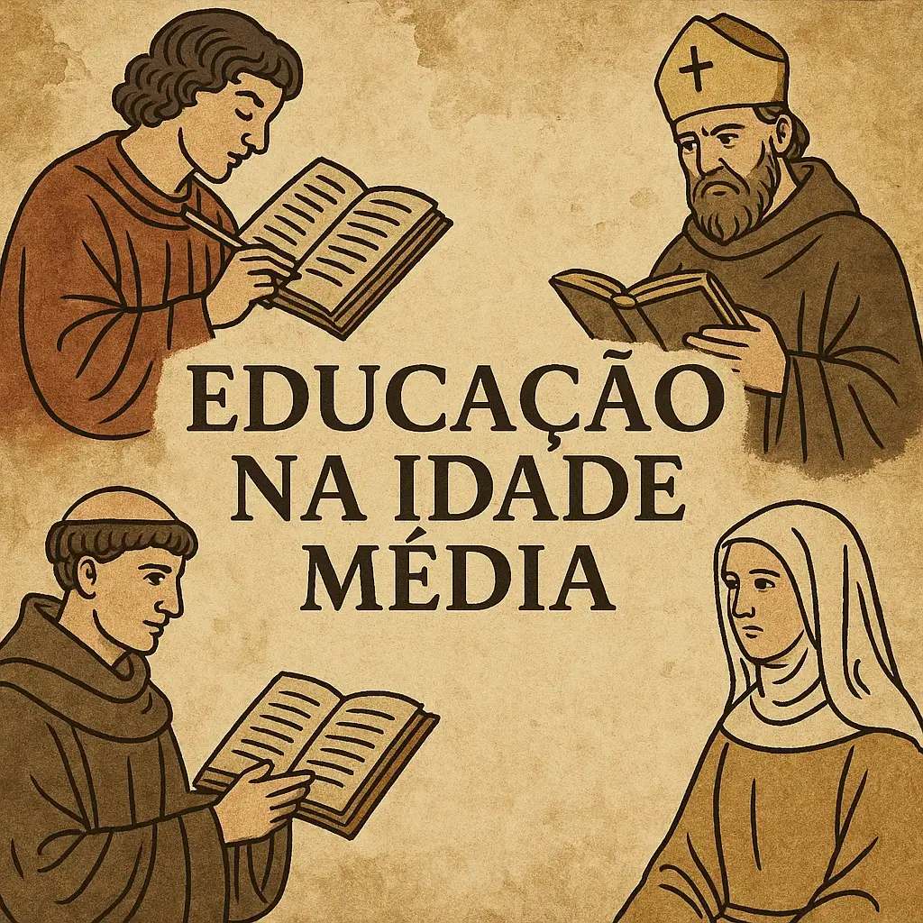 Homens e uma mulher da Idade Média a estudar com livros, rodeando o título central “Educação na Idade Média” sobre fundo em tom de pergaminho.