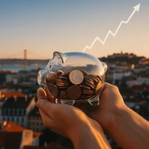 Mãos seguram um mealheiro de vidro cheio de moedas de euro, com Lisboa ao pôr do sol ao fundo e um gráfico ascendente — símbolo de investimentos em Portugal.
