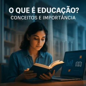 Jovem a ler num biblioteca moderna, com portátil a mostrar ícones educativos — capa do artigo “o que é a educação: conceitos e importância.
