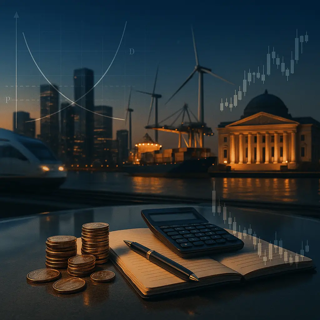 Cidade moderna ao entardecer com gráficos financeiros transparentes sobrepostos, simbolizando a economia no quotidiano