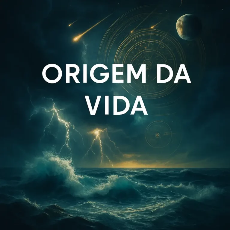 Imagem de capa com o título "Origem da Vida" sobre um cenário de mar tempestuoso e céu cósmico, representando o início da vida no universo.
