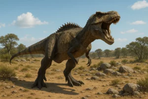 Carcharodontossauro realista rugindo em planície semiárida com dentes serrilhados em destaque