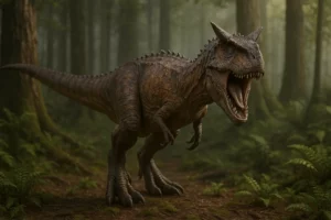 Carnotauro realista com chifres curtos e boca aberta em floresta densa