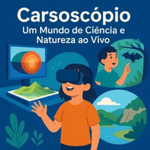 Ilustração moderna com crianças a interagir com ciência no Carsoscópio: realidade virtual, geologia, fauna subterrânea e natureza envolvente.