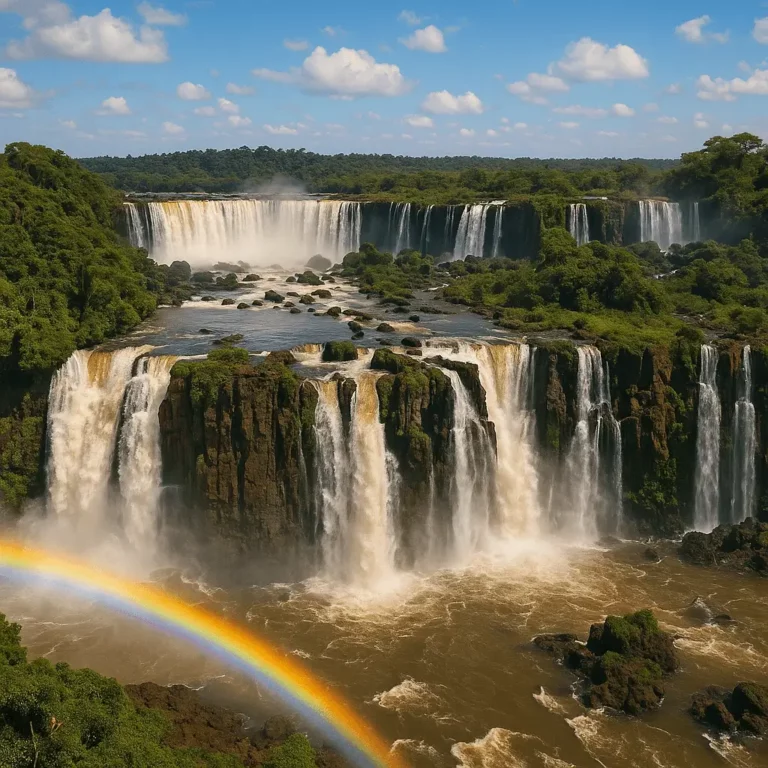 Vista panorâmica das Cataratas do Iguaçu, com a Garganta do Diabo ao centro, arco-íris em primeiro plano e vegetação exuberante ao redor.
