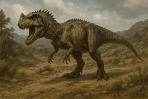 Ceratossauro realista com chifre nasal proeminente em terreno rochoso do Jurássico