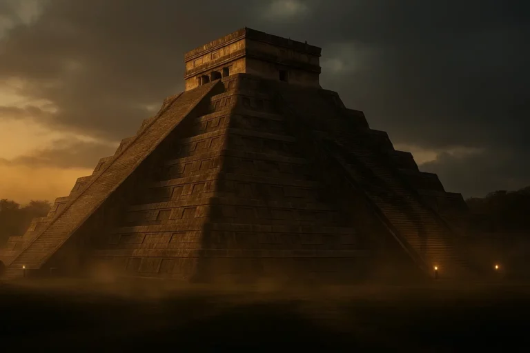 Civilização Maia: El Castillo (Templo de Kukulcán) em Chichén Itzá ao pôr do sol, formato horizontal, luz dourada e sombra da serpente.