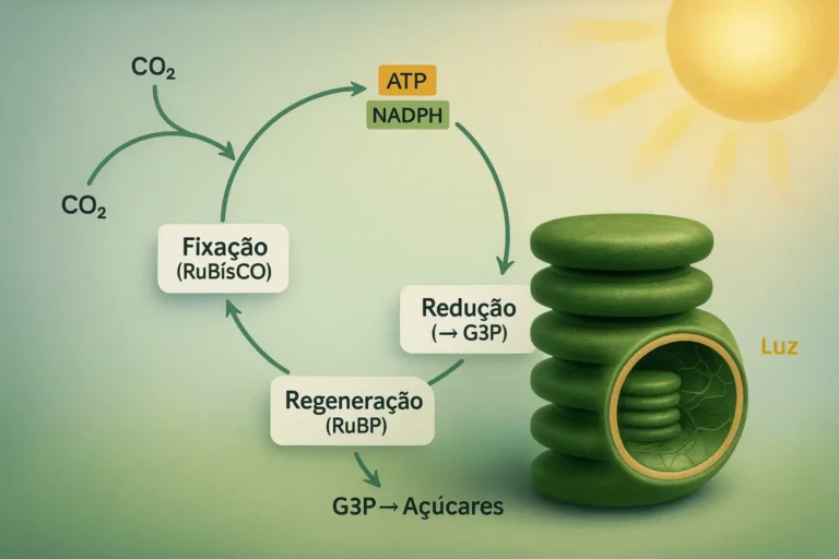 Esquema do Ciclo de Calvin na fotossíntese: setas entre Fixação (RuBisCO), Redução (→ G3P) e Regeneração (RuBP), entrada de CO₂, ATP/NADPH e cloroplasto 3D iluminado pelo Sol.
