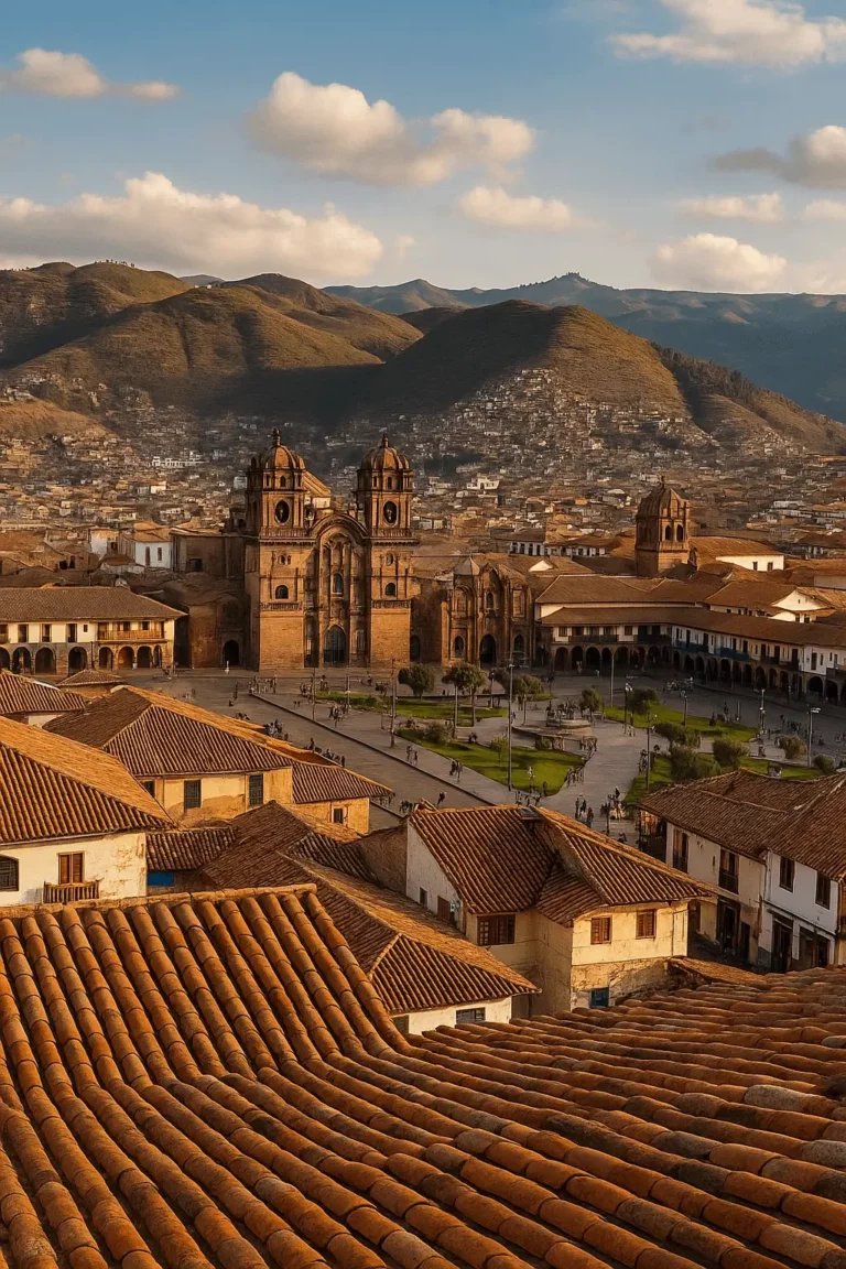 Vista ultra-realista da cidade de Cusco ao pôr do sol, com a Plaza de Armas, a catedral colonial e as montanhas dos Andes ao fundo.