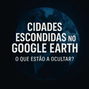 Imagem quadrada de estilo escuro com o texto central “Cidades Escondidas no Google Earth: O Que Estão a Ocultar?”, sobre um fundo satélite desfocado e tons de azul escuro, evocando mistério e censura digital.