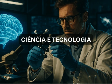 Cientista analisa modelo molecular em laboratório com holograma de cérebro.