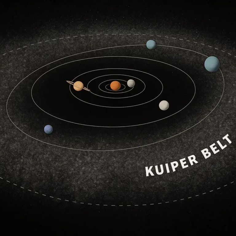 Diagrama do sistema solar mostrando o Cinturão de Kuiper como uma região externa repleta de pequenos corpos gelados a orbitar além de Neptuno, com o Sol no centro.