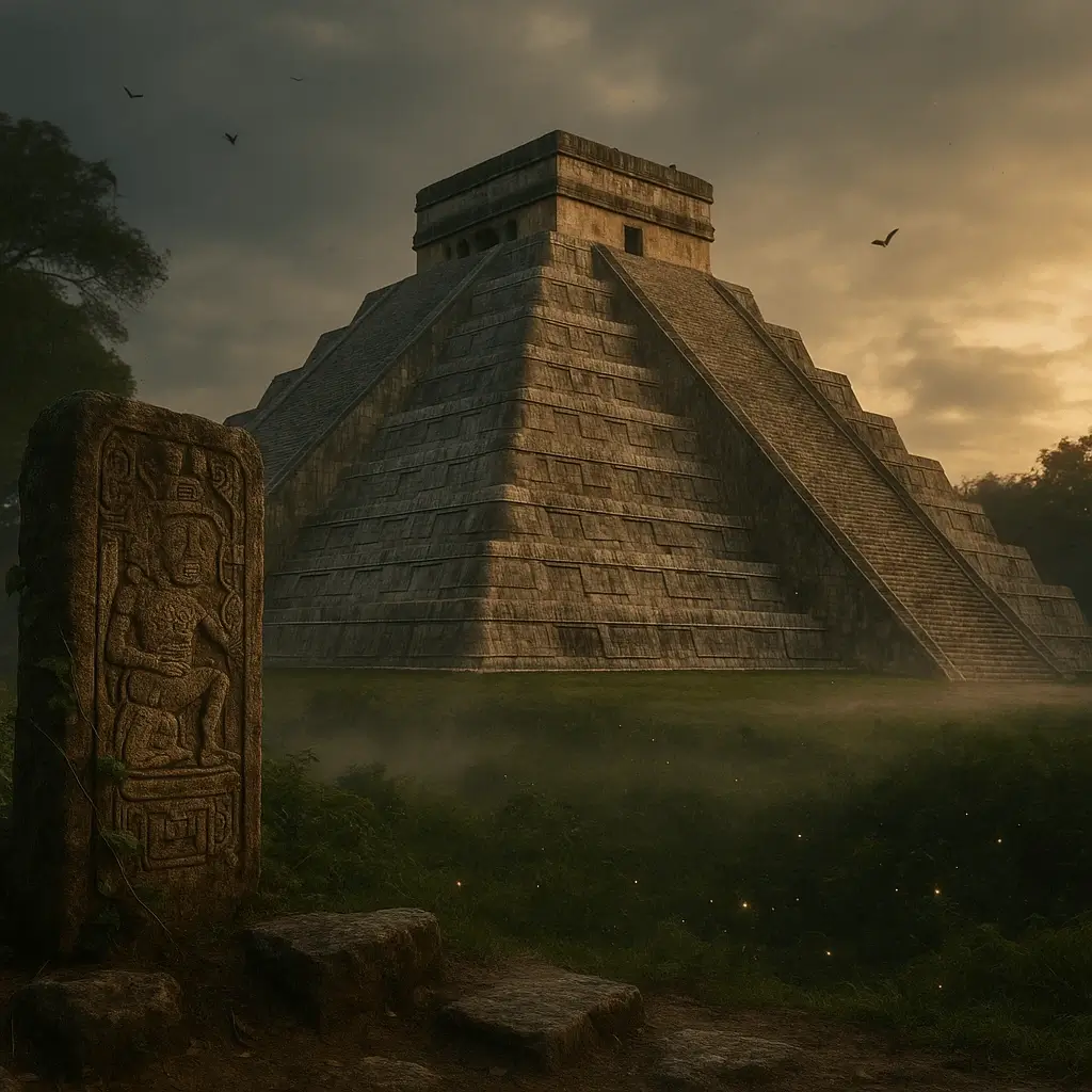 Civilização Maia: pirâmide de Kukulcán (El Castillo) em Chichén Itzá ao pôr do sol, envolta em névoa e selva.
