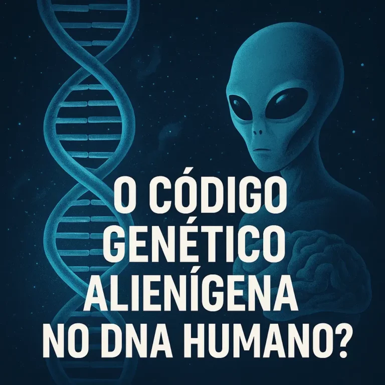 Imagem quadrada com fundo espacial escuro, apresentando uma hélice de ADN azul brilhante, a figura de um extraterrestre e um cérebro humano, com o título em destaque: "O CÓDIGO GENÉTICO ALIENÍGENA NO DNA HUMANO?"