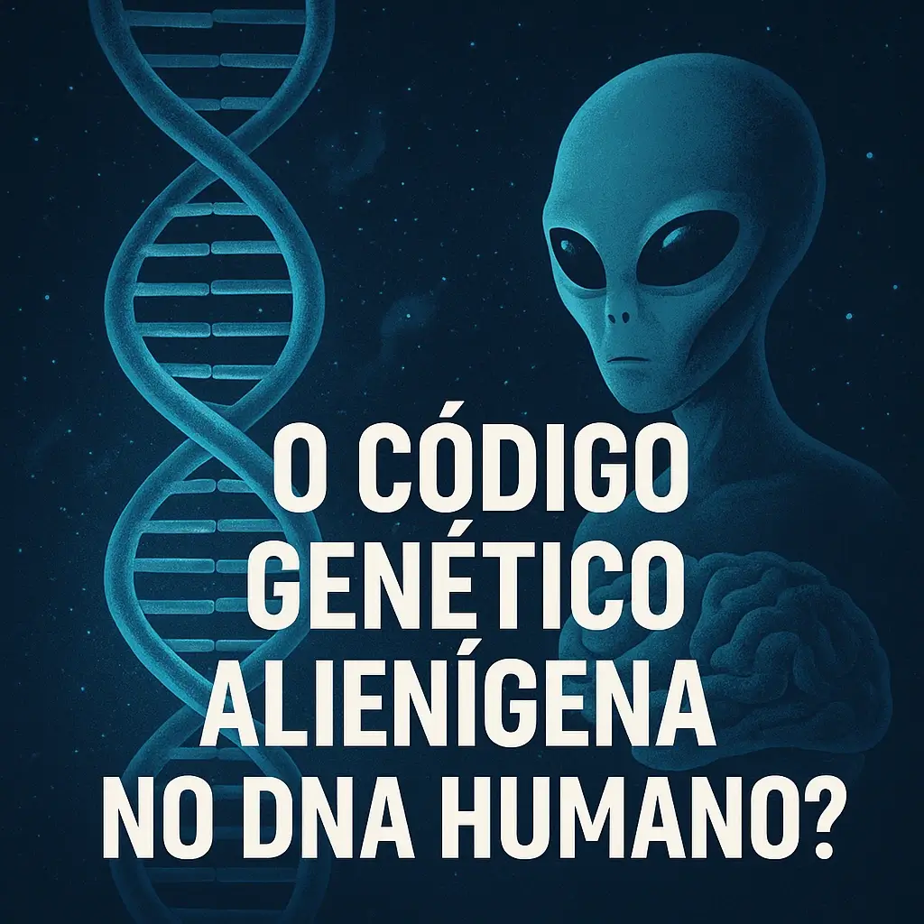 Imagem quadrada com fundo espacial escuro, apresentando uma hélice de ADN azul brilhante, a figura de um extraterrestre e um cérebro humano, com o título em destaque: "O CÓDIGO GENÉTICO ALIENÍGENA NO DNA HUMANO?"