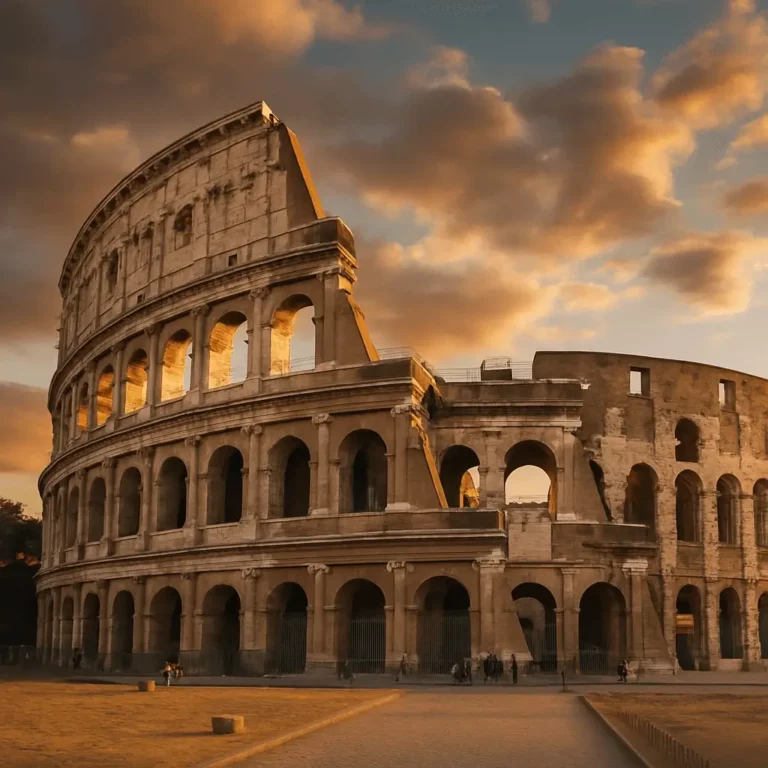 Coliseu de Roma ao pôr do sol, arcos iluminados e céu dramático — ícone do Império Romano e maior anfiteatro da Antiguidade.