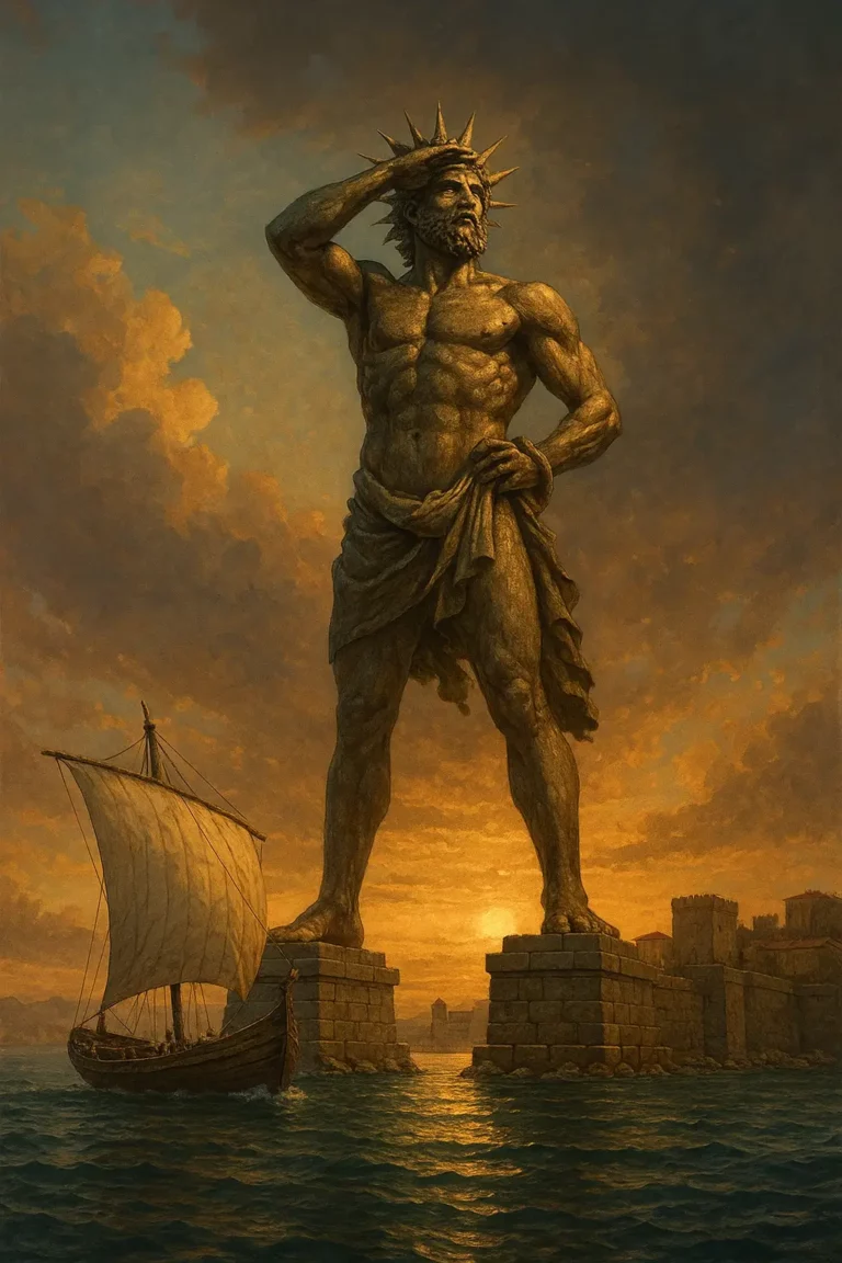 Representação realista do Colosso de Rodes, uma das 7 maravilhas do mundo antigo, mostrando a estátua de bronze junto ao porto com o sol ao fundo.