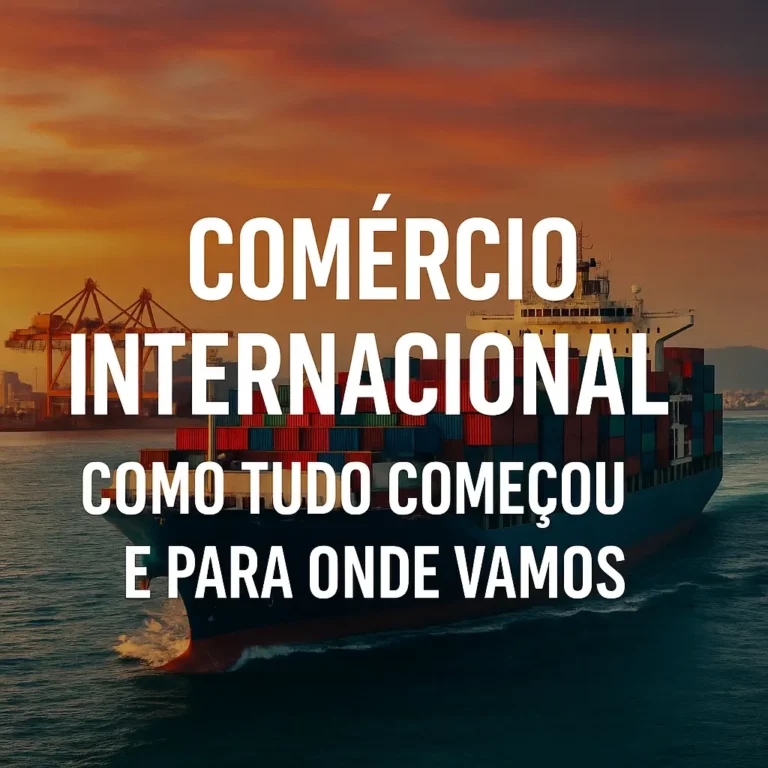 Imagem de um navio porta-contentores ao pôr do sol, com gruas portuárias ao fundo e o texto central: 'Comércio Internacional – Como Tudo Começou e Para Onde Vamos'.