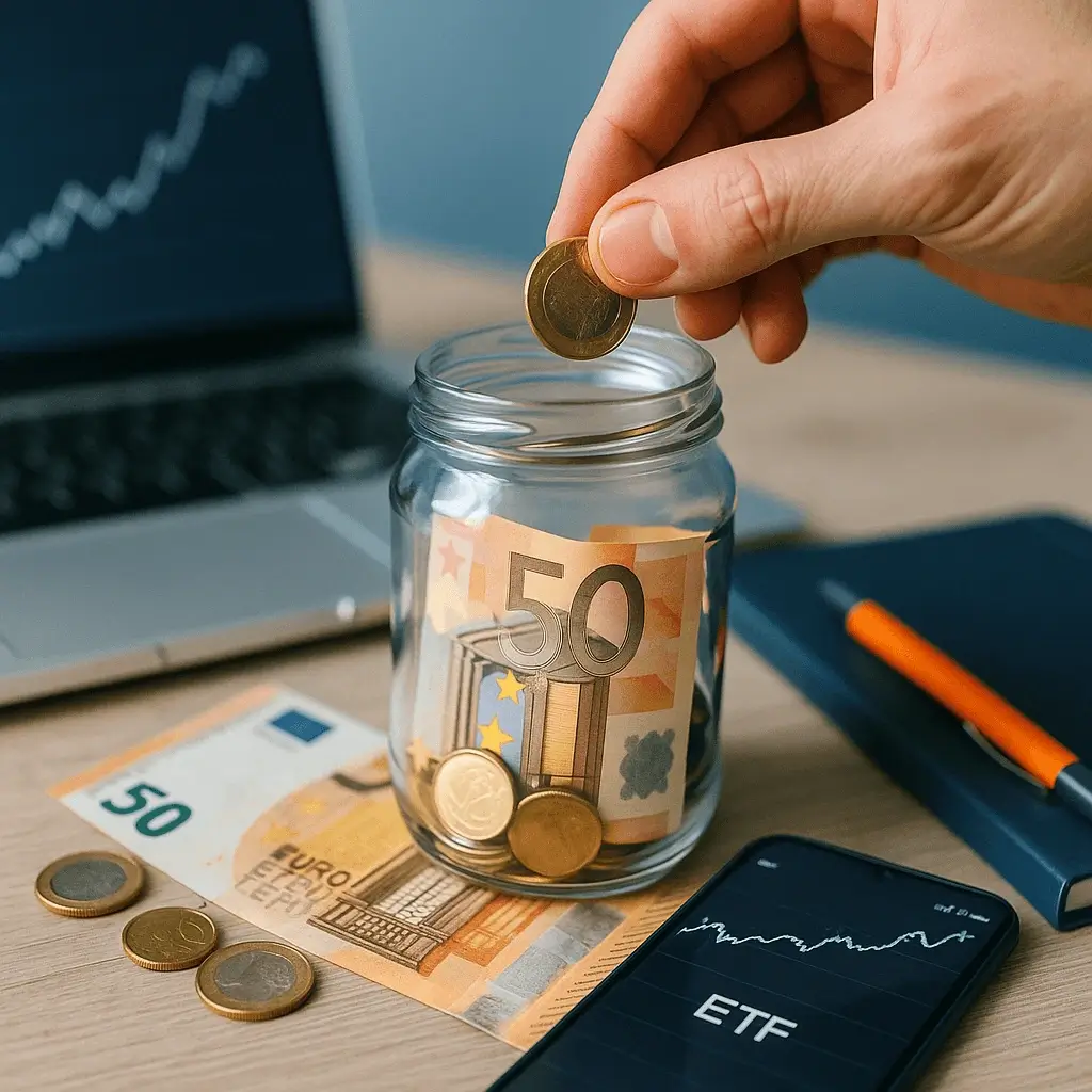 Mão a colocar moeda num frasco com notas de 50€, junto a portátil e smartphone com gráfico de ETF — como investir na bolsa com pouco dinheiro.