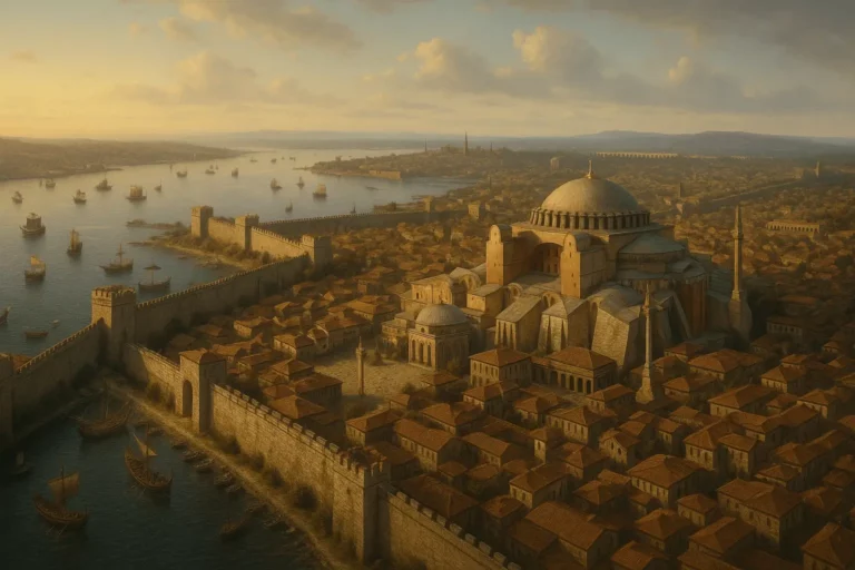 Vista aérea ultra realista de Constantinopla na Antiguidade, com a Hagia Sophia, muralhas e navios no Chifre de Ouro — herdeira do Império Romano no Oriente.