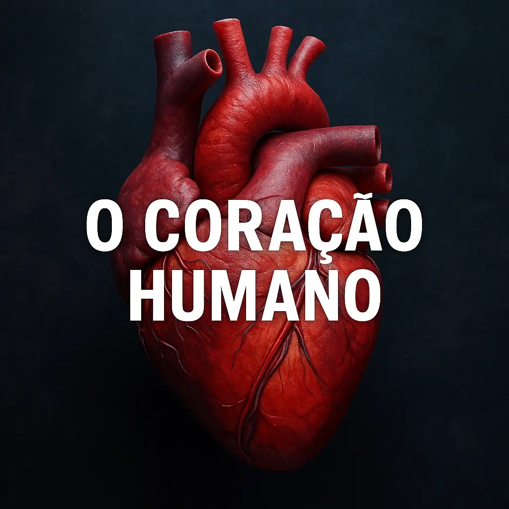 Imagem de capa quadrada com uma ilustração realista de um coração humano em 3D, ao centro, com fundo escuro e texto branco centralizado a dizer “O Coração Humano”.