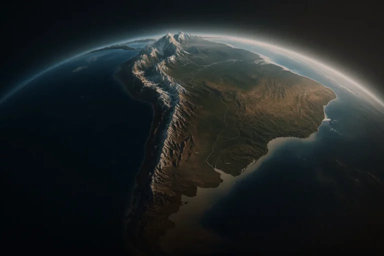 Vista ultra-realista por satélite da América do Sul, destacando a Cordilheira dos Andes ao longo da costa oeste, com picos nevados e grande contraste entre montanhas, planícies e oceanos.