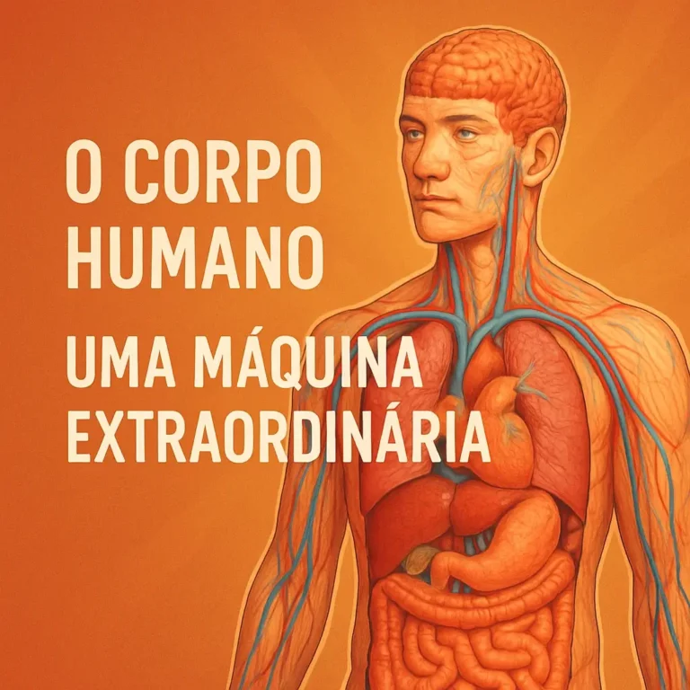 Ilustração digital do corpo humano com sistemas internos visíveis e o título “O Corpo Humano: Uma Máquina Extraordinária” em destaque ao centro, sobre fundo laranja vibrante.