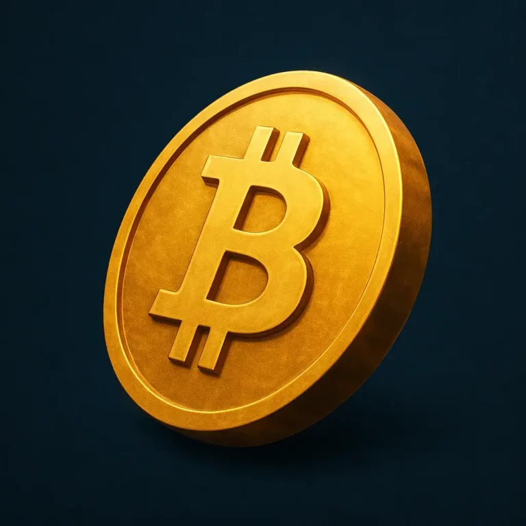 Ilustração digital de uma grande moeda Bitcoin dourada sobre fundo azul-escuro texturizado, representando o universo das criptomoedas.